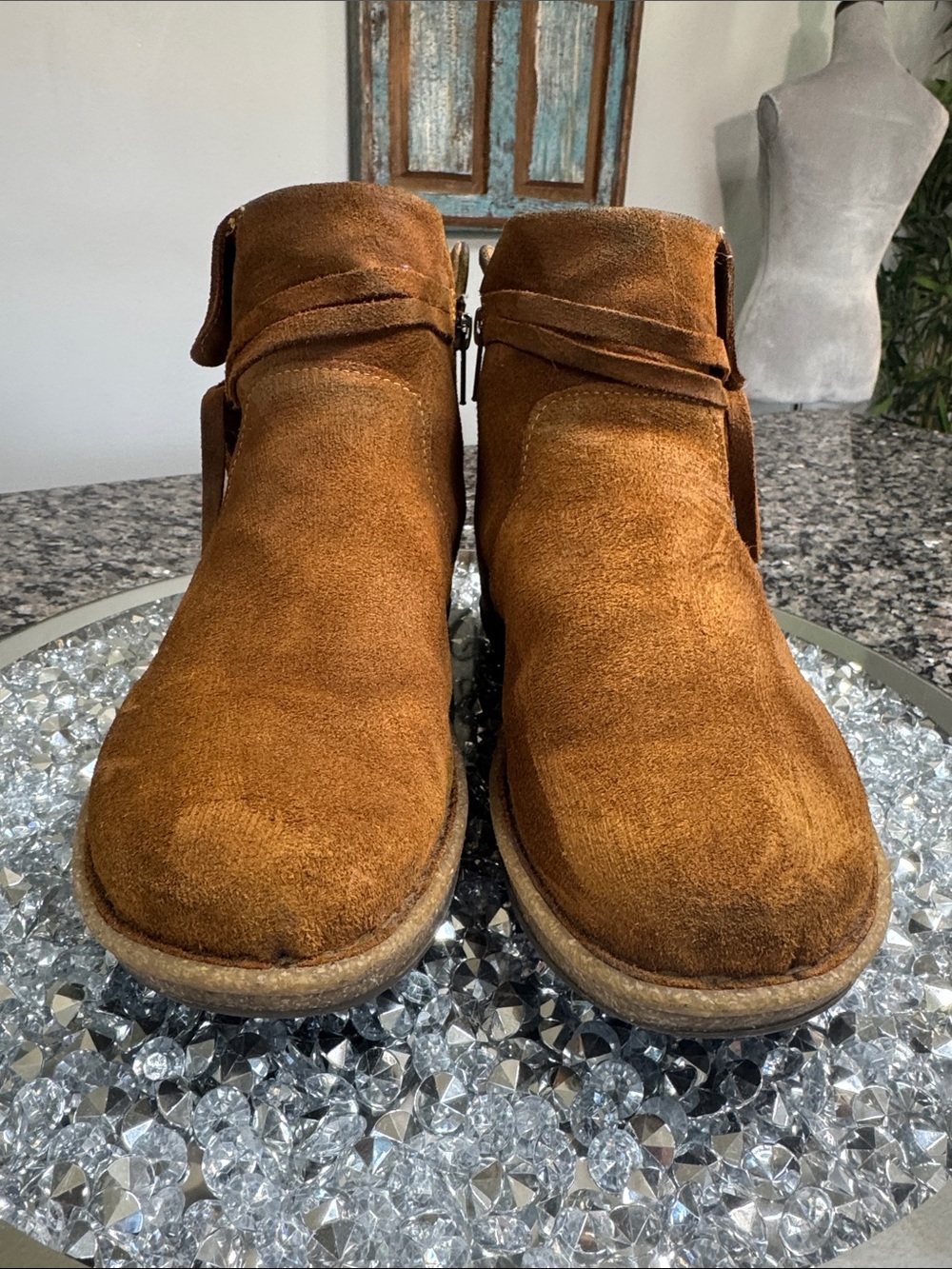Born Women's Cognac Suede Ankle Booties with Side Tie - Picture 2 of 16